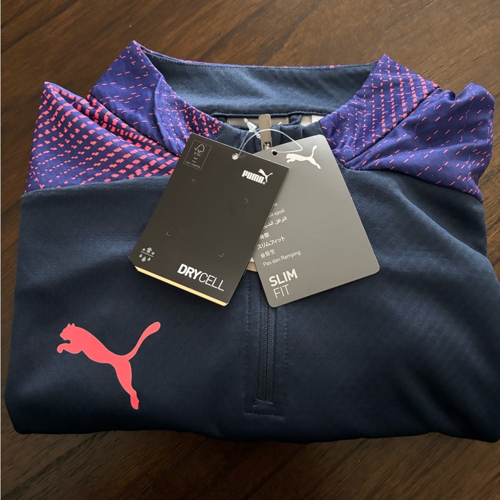 Puma Slim Fit Navy Zip Shirt with Pink Puma Logo and Pink Accent Pattern